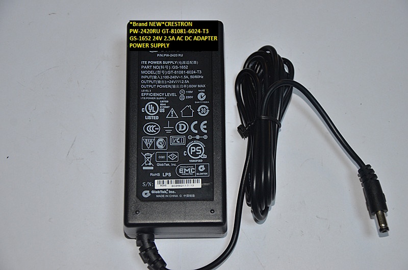 *Brand NEW*PW-2420RU CRESTRON GT-81081-6024-T3 GS-1652 24V 2.5A AC DC ADAPTER POWER SUPPLY